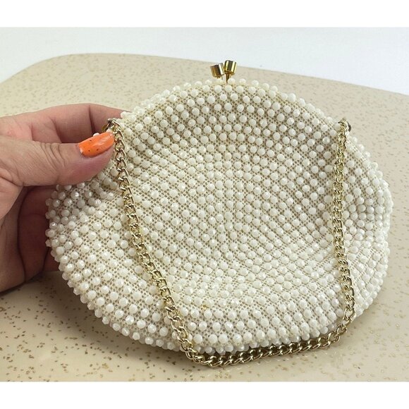 Vintage 50s cream beaded purse, Mid Century clutch, formal event accessory - Picture 1 of 8